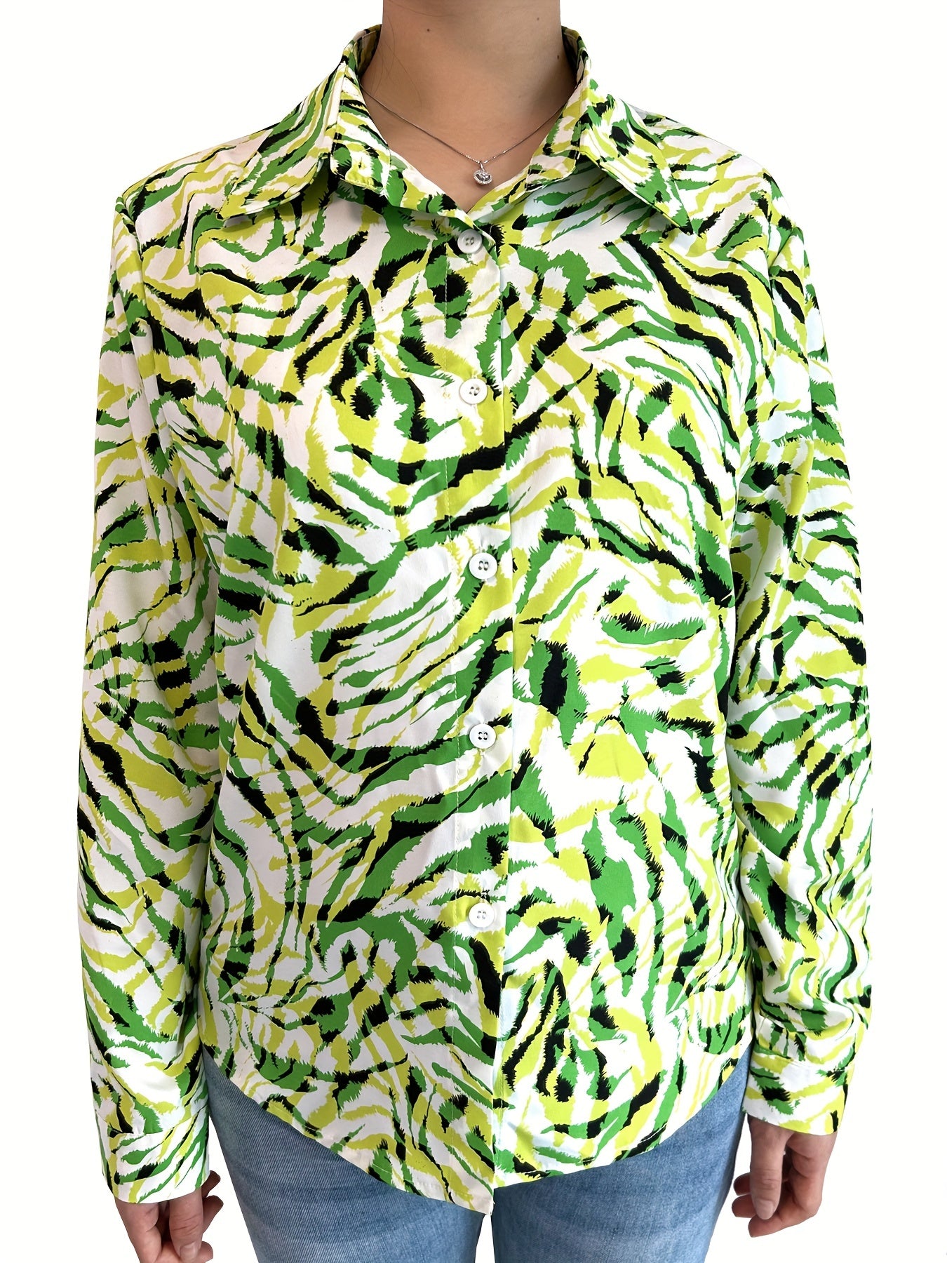 Allover Print Button Up Long Sleeve Blouse
