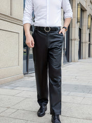 Men's Classic Fleece Pu Pants Straight Leg Solid Biker Faux Leather Pants