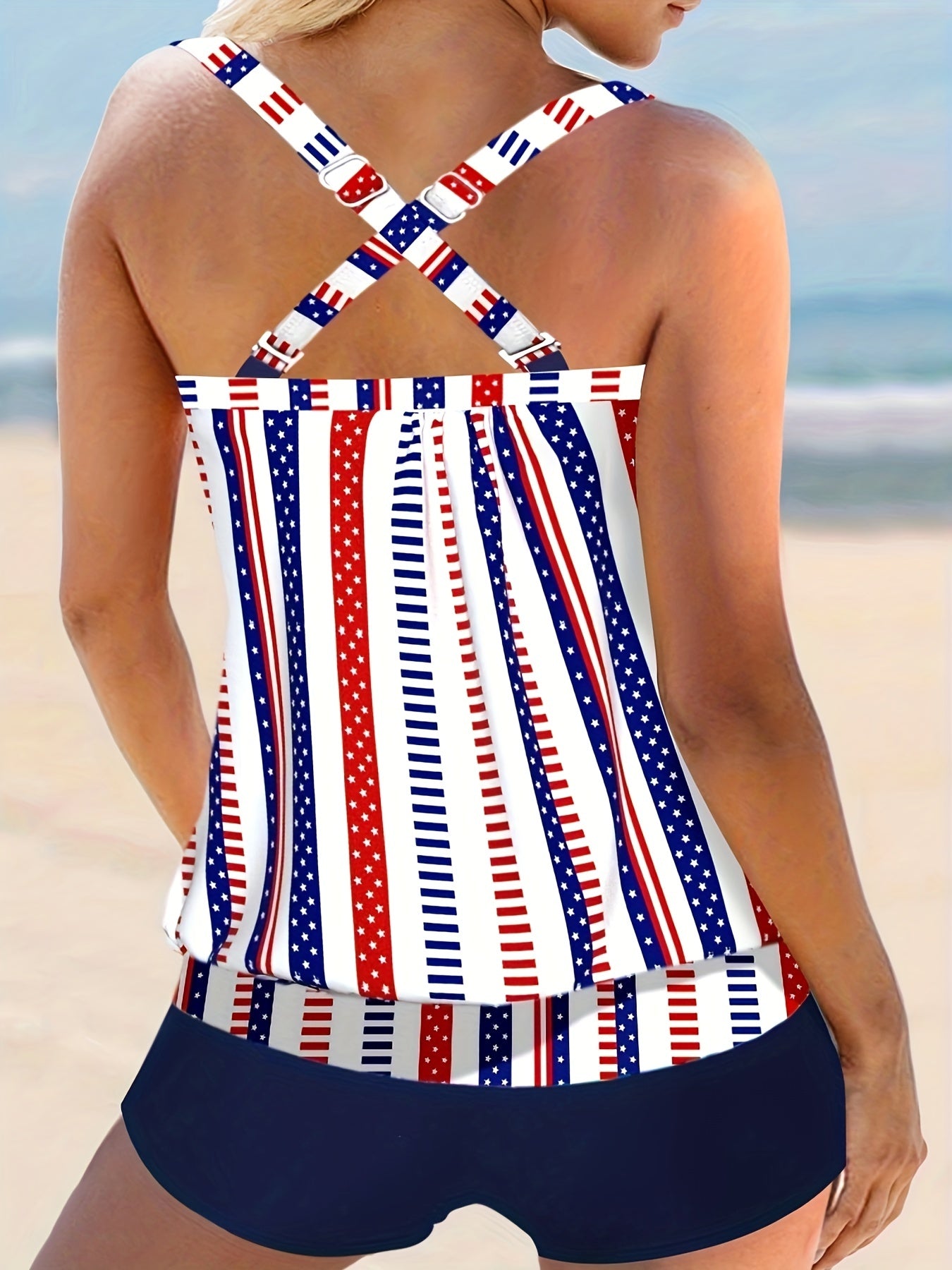 Modest Tankini Set Star Striped Print Cami Top & Shorts Swimsuit