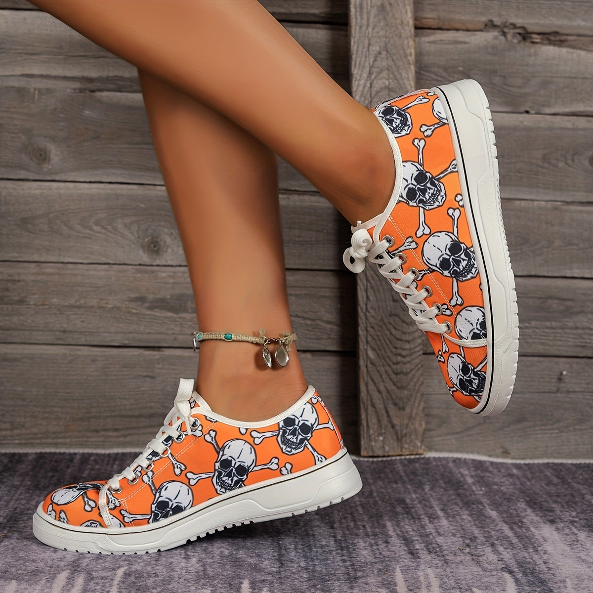 Women's Skull Print Sneakers Casual Lace Up Outdoor Shoes Lightweight Low Top