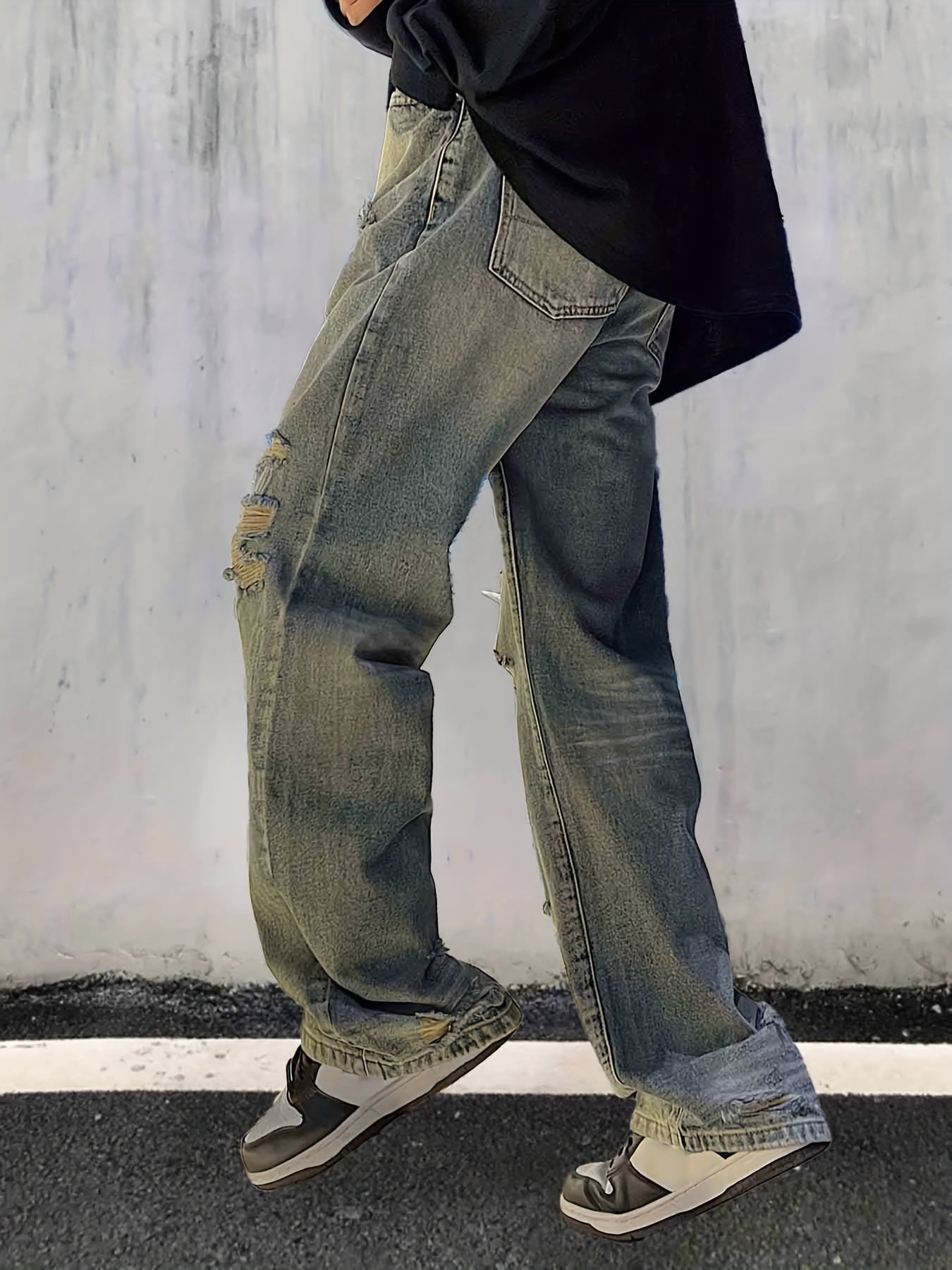 Men's Loose Fit Ripped Jeans, Street Style Distressed Denim Pants