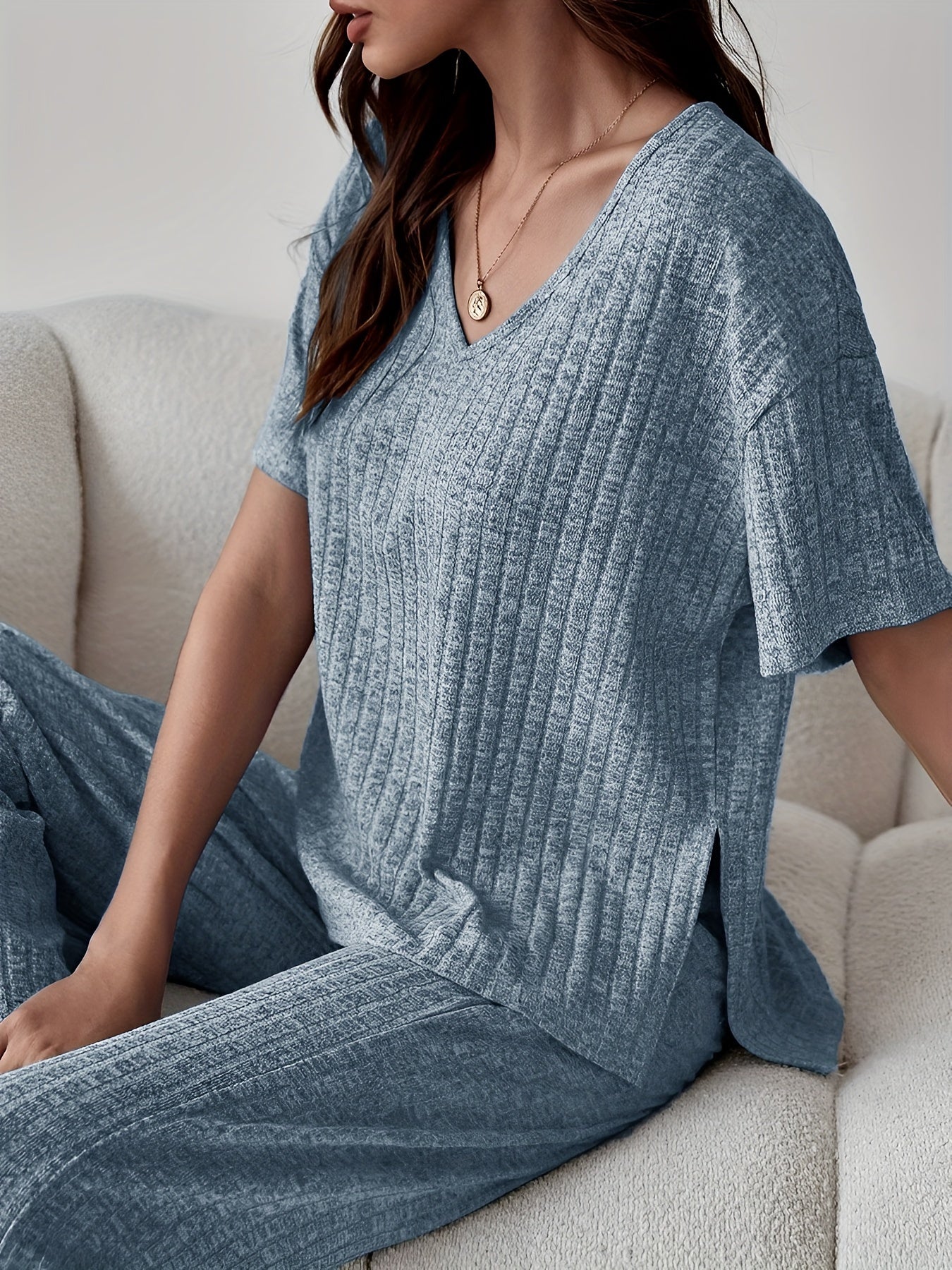 Ribbed Lounge Set Short Sleeve Top & Pants Women's Loungewear