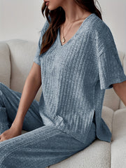 Ribbed Lounge Set Short Sleeve Top & Pants Women's Loungewear