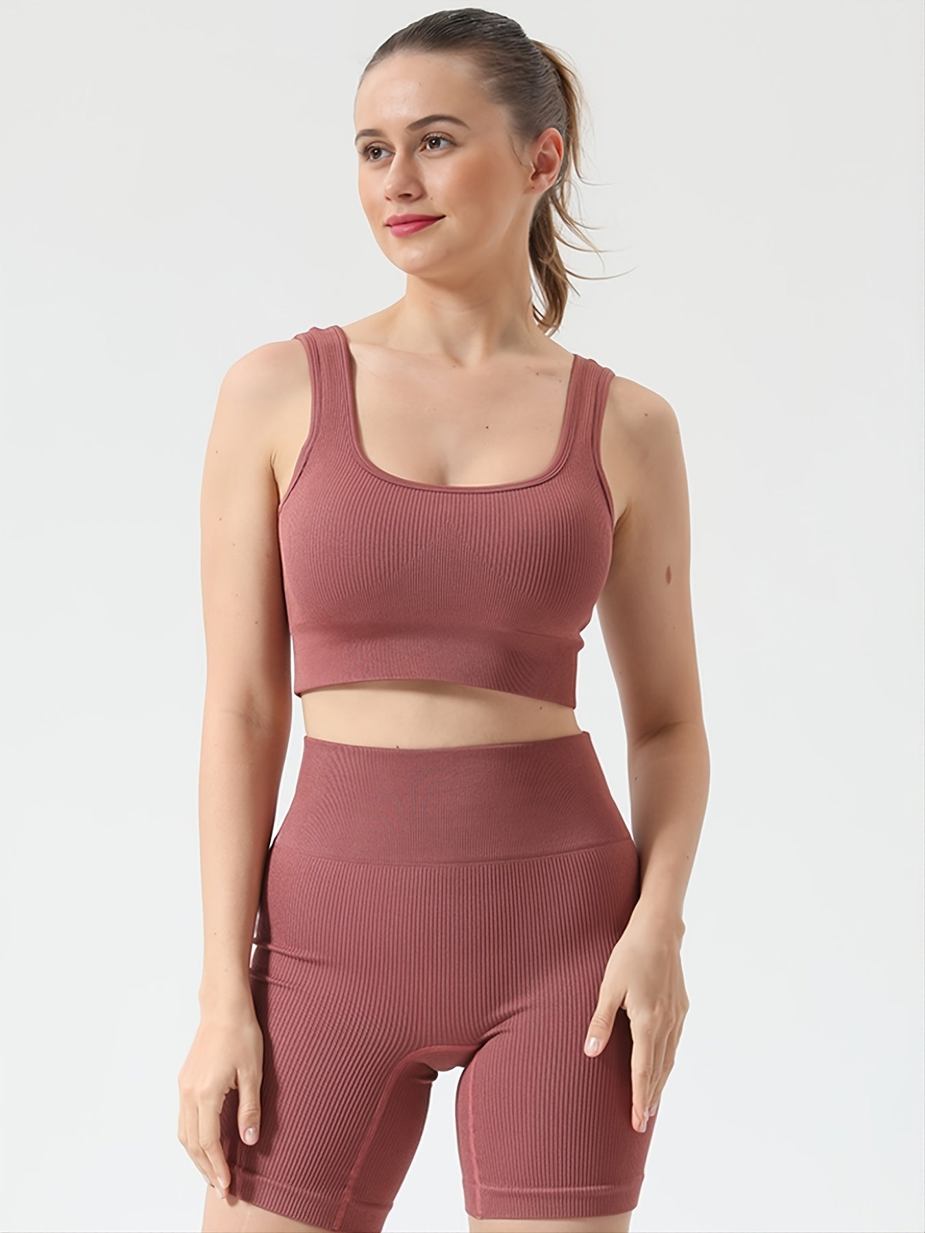 Ribbed Seamless Crop Top & High Waist Shorts Set Women's Activewear