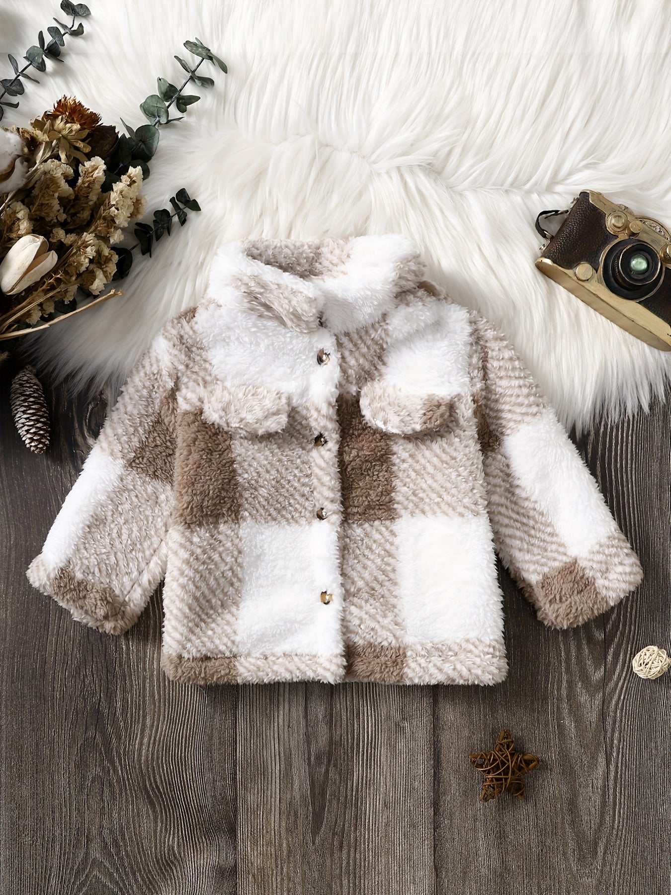 Boys Plaid Print Furry Coat Thermal Jacket