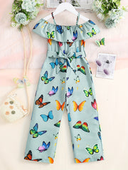 Girls Ruffled Romper Butterfly Graphic Jumpsuit