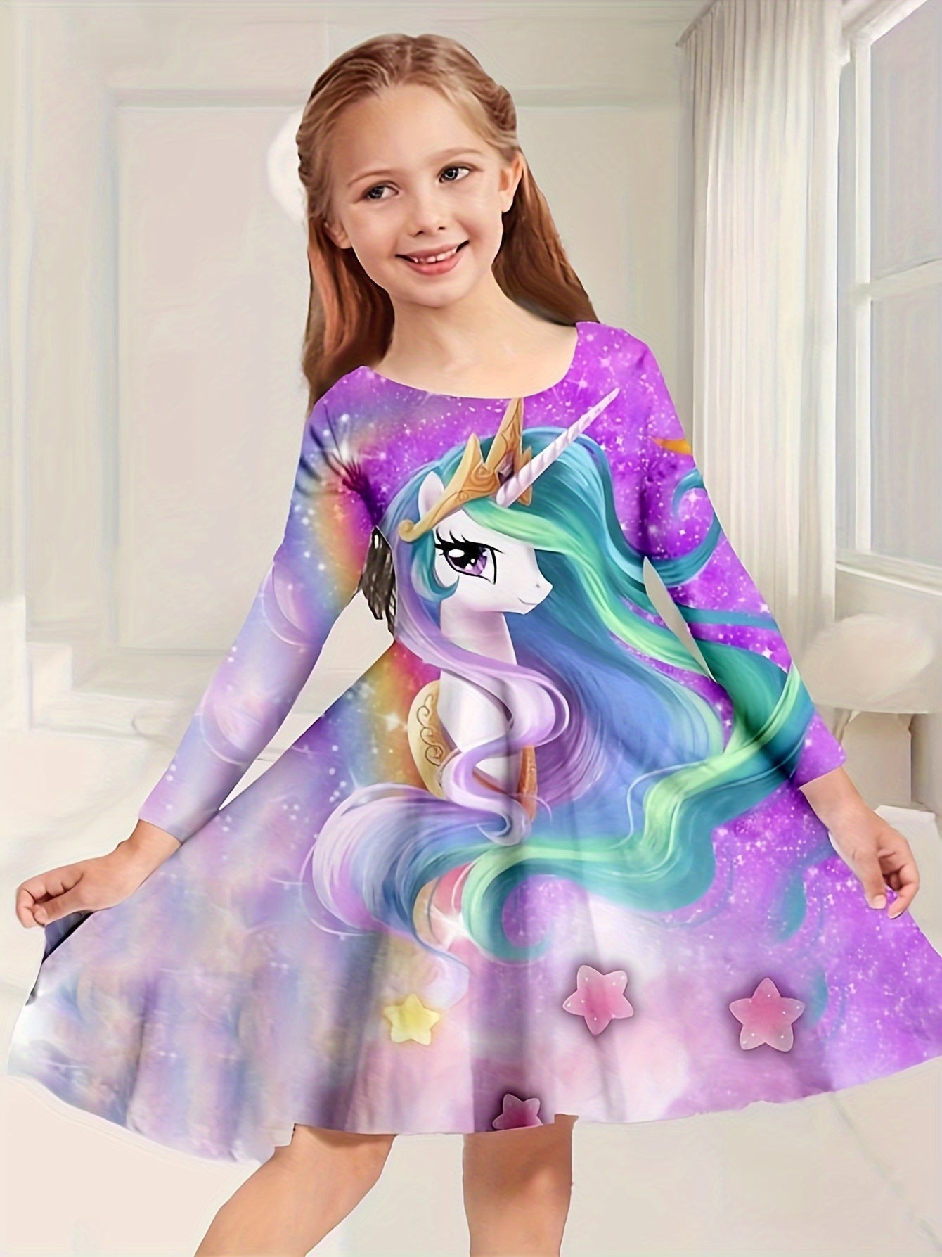 Dreamy Unicorn Pattern Long Sleeve Dress Girls Comfy Dresses