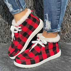 Women's Red & Plaid Snow Boots Flat Comfortable Fur Insoles