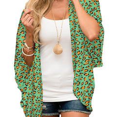 Green Leopard Print Chiffon Blouse V Neck Sheer Long Sleeve Cover Up Shirt