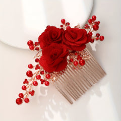 Red Flower Hair Comb Vintage Insert Comb Bridal Headdress Hair Comb