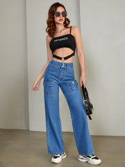 Flap Pockets Straight Jeans Loose Fit High Waist Non Stretch Denim Pants