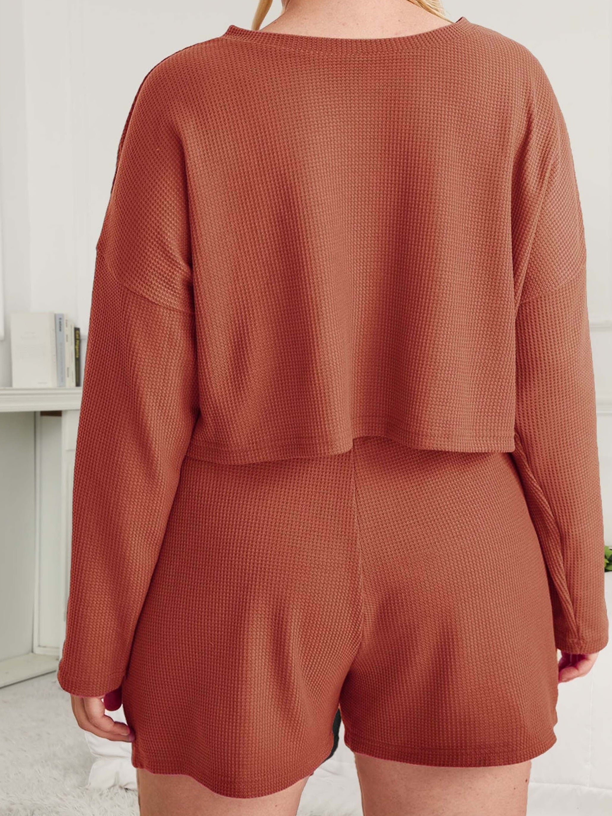 Waffle Knit Lounge Set Solid Long Sleeve Pajama Two Piece