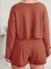 Waffle Knit Lounge Set Solid Long Sleeve Pajama Two Piece