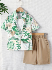 Boys Teen Plant Graphic Print Casual Shirt & Shorts Set for Summer