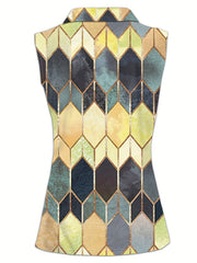 Geo Pattern Collar Tank Top Zip Up Casual Top For Summer