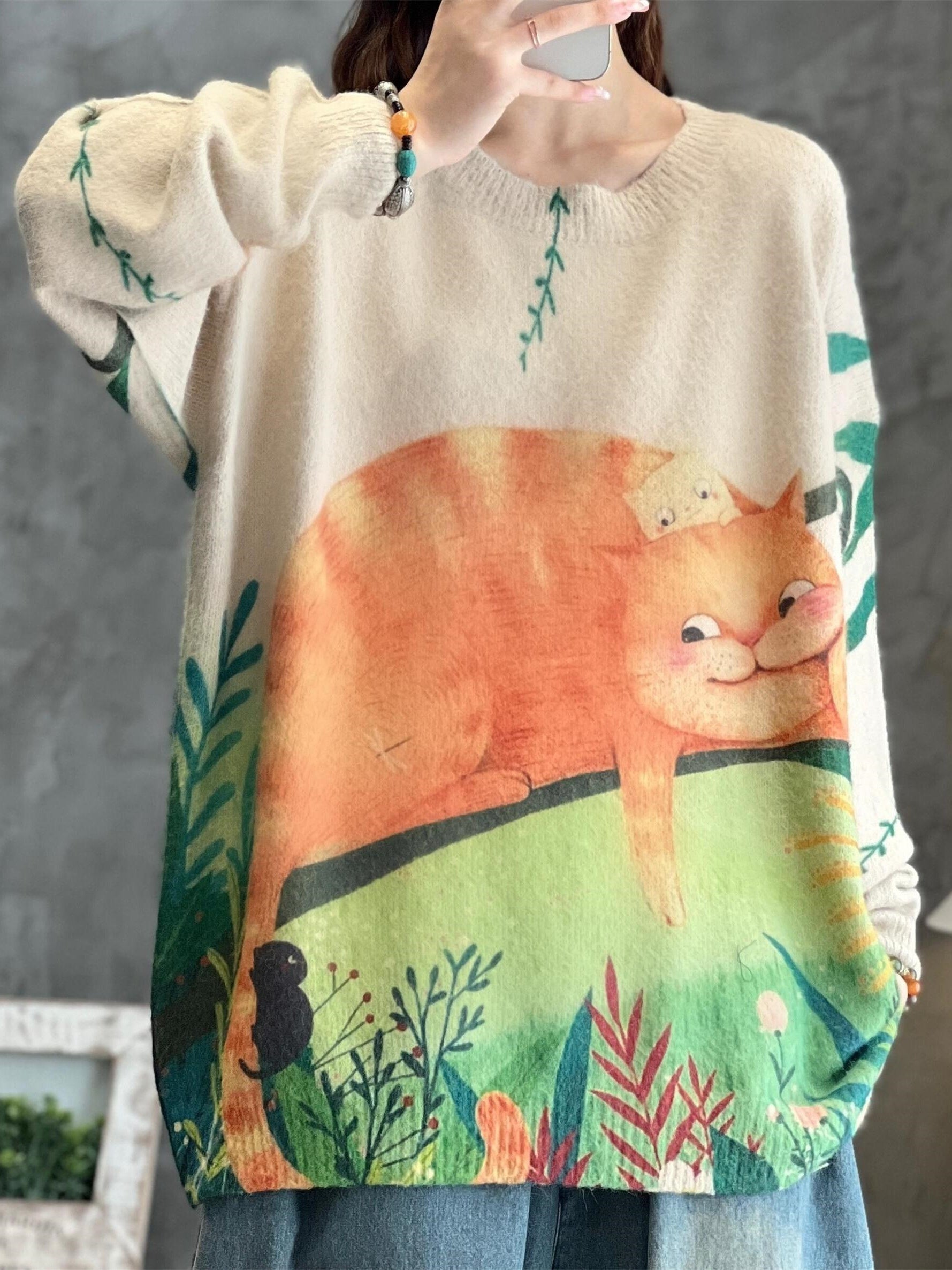 Cartoon Cat Print Long Sleeve Pullover Jumper