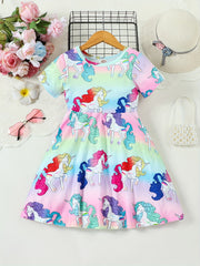 Girls Unicorn Dress Gradient A-line Short Sleeve T-Shirt Dress
