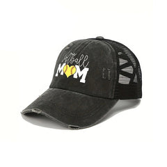 Mom Print Ponytail Trucker Hat Washed Distressed SOFTBALL MOM Baseball Cap