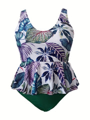 Boho Tropical Print Swimsuit Set Round Neck Pleated Tank Top & Underwe