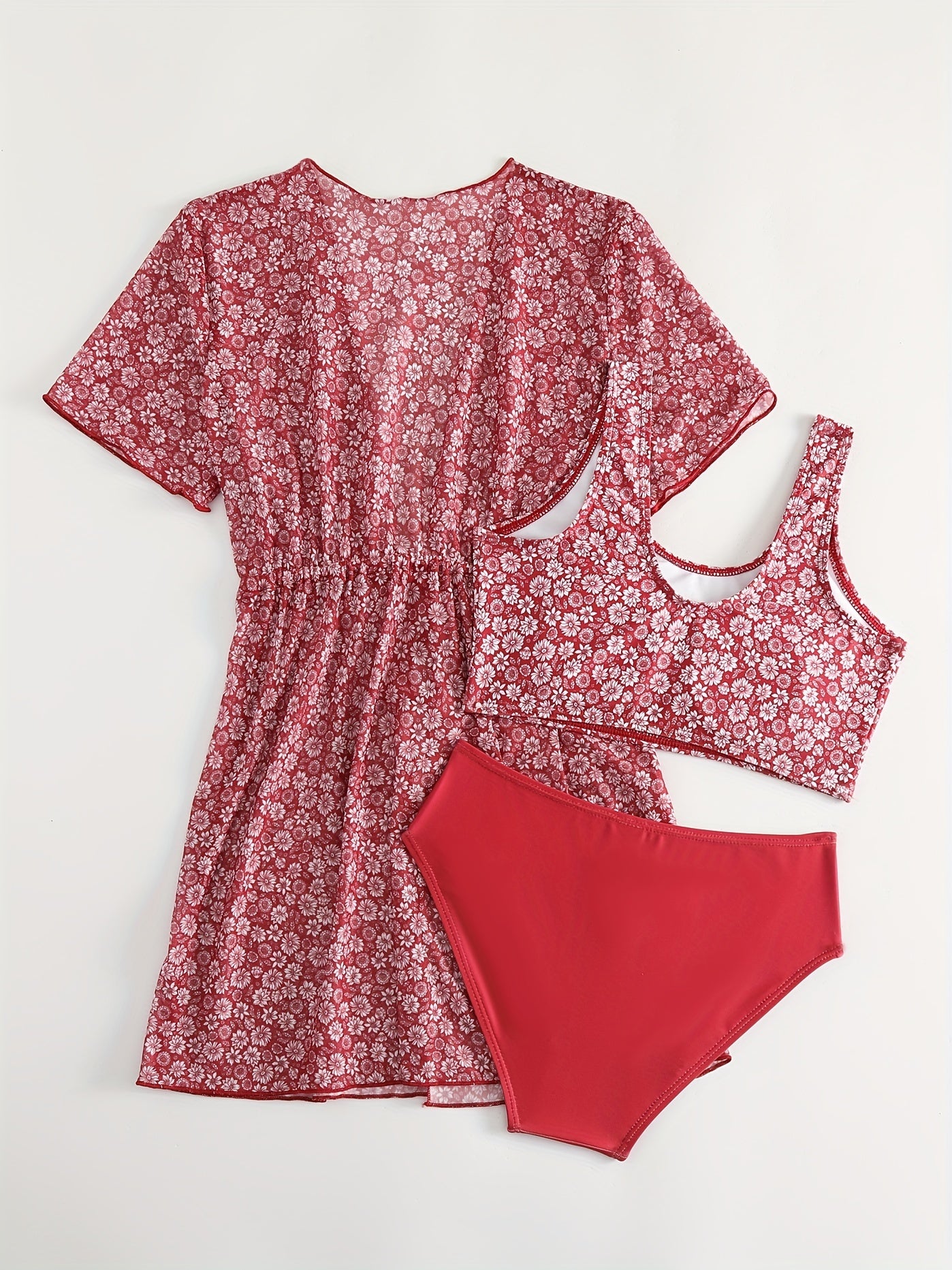 Girls' Tropical Print Bikini Set with Sunscreen Cardigan Shirt