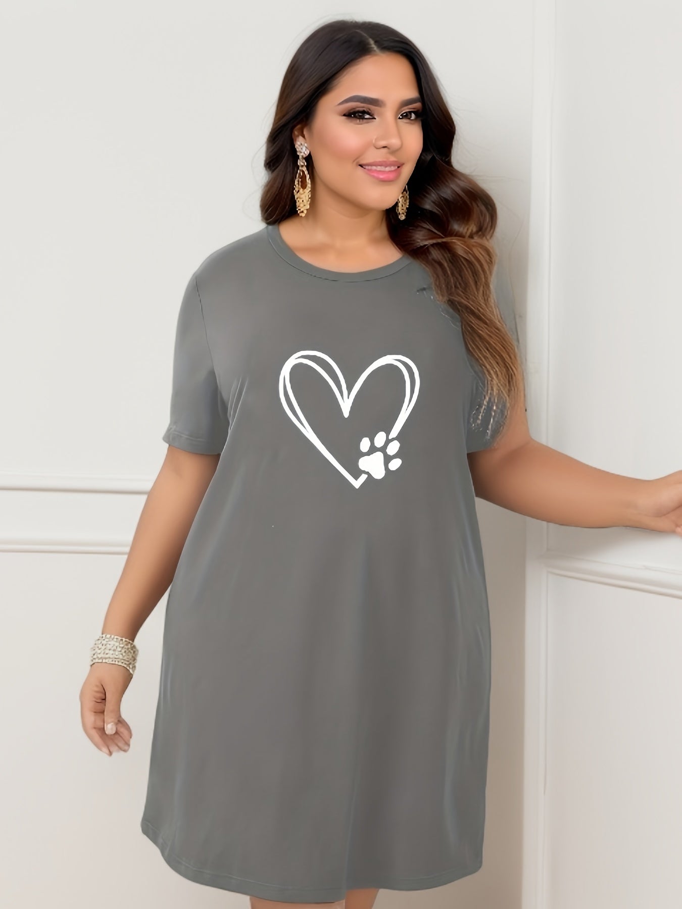 Casual Nightdress Women's Plus Paw Print Short Sleeve Tee Dress