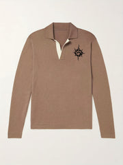 Retro Pattern Knit Polo Shirt Men's Casual Lapel Stretch V Neck Pullover Sweater