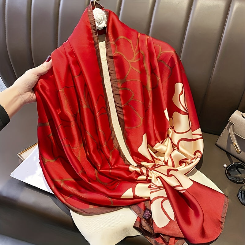Red Big Flower Print Scarf Block Satin Shawl Silk Head Wrap