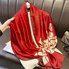 Red Big Flower Print Scarf Block Satin Shawl Silk Head Wrap
