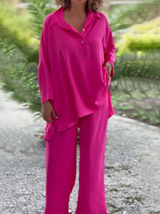Casual Outfits Set Women's Solid Shirt & Pants Two Piece Set