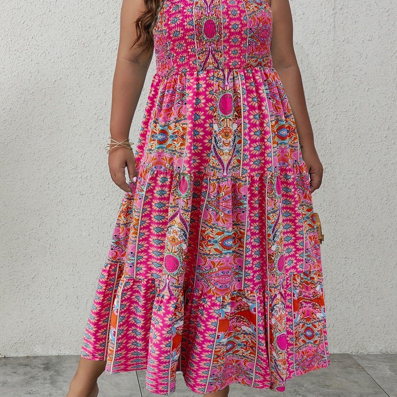 Boho Tube Dress Women's Plus Shirred Tribal Print Ruffle Trim