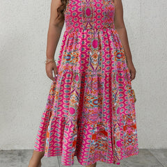 Boho Tube Dress Women's Plus Shirred Tribal Print Ruffle Trim