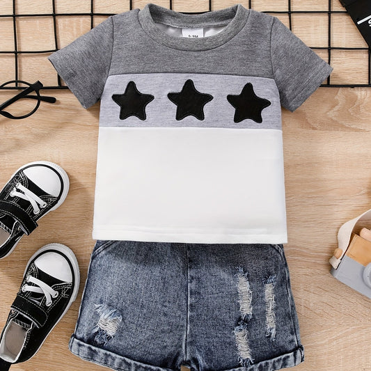 2pcs Baby Boys Star Embroidery T shirt & Ripped Denim Shorts Set