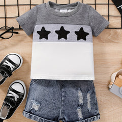 2pcs Baby Boys Star Embroidery T shirt & Ripped Denim Shorts Set