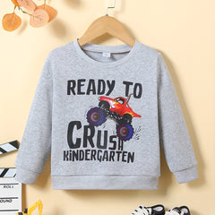 Cartoon Truck Letter Print Crew Neck Sweatshirt for Boys