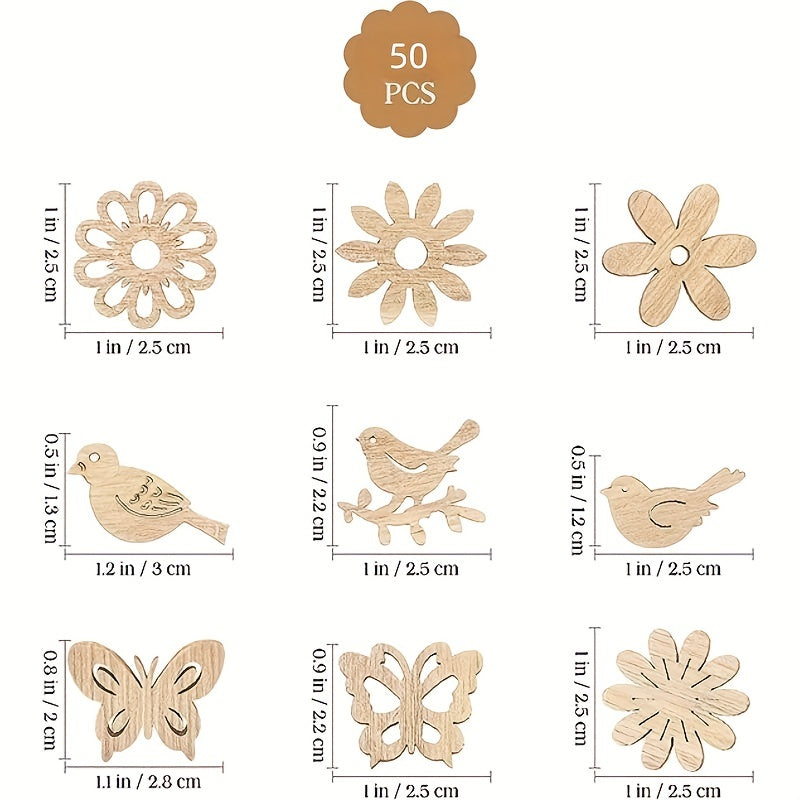 50pcs Wooden Hollow Out Wood Bird Butterfly Flowers Slices for DIY Craft Making