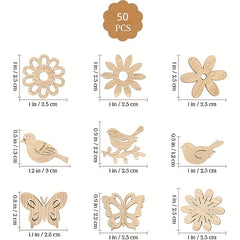50pcs Wooden Hollow Out Wood Bird Butterfly Flowers Slices for DIY Craft Making
