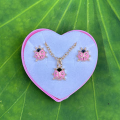 Colorful Insect Ladybug Pendant Necklace & Earrings Set For Girls