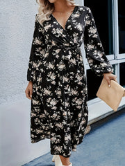 Women's Plus Floral Print Long Sleeve Dress With Belt
