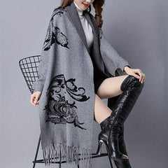 Vintage Jacquard Shawl Large Blanket Cardigan with Tassel Cape