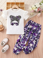 Girl's Sunglasses Print T-shirt & Pants Set for Summer