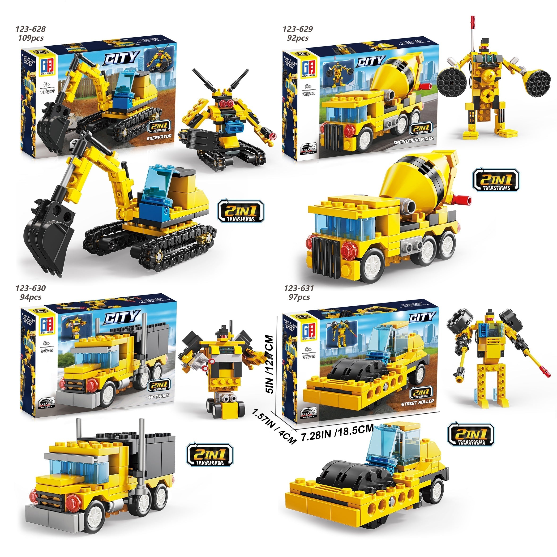 4 IN 1 Engineering Building Blocks Roller Dump Truck Mixer Excavator Model Robot