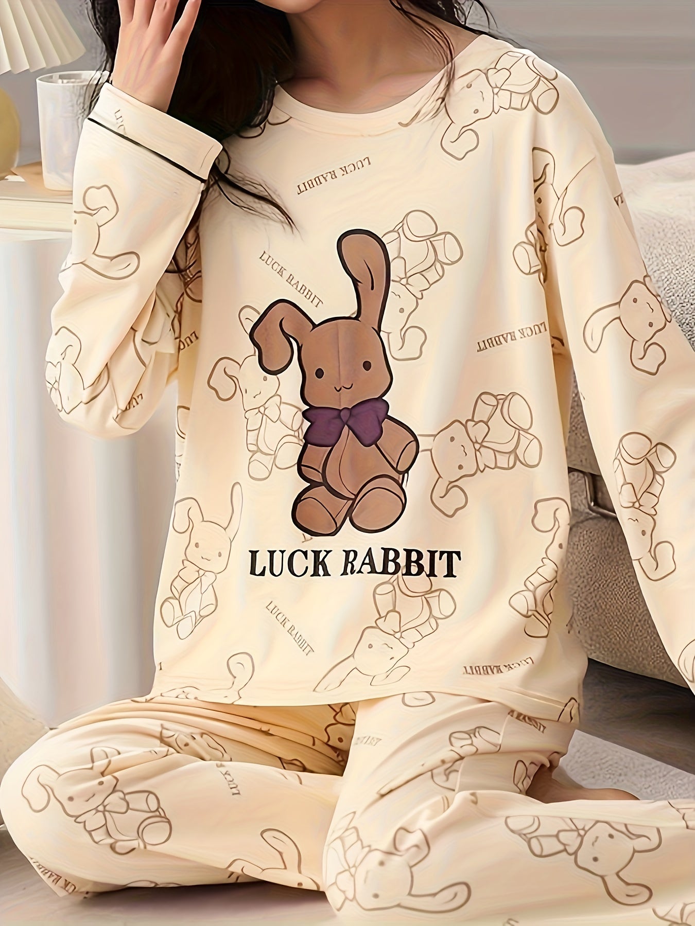 Rabbit Print Pajama Set Long Sleeve Crew Neck Top & Pants