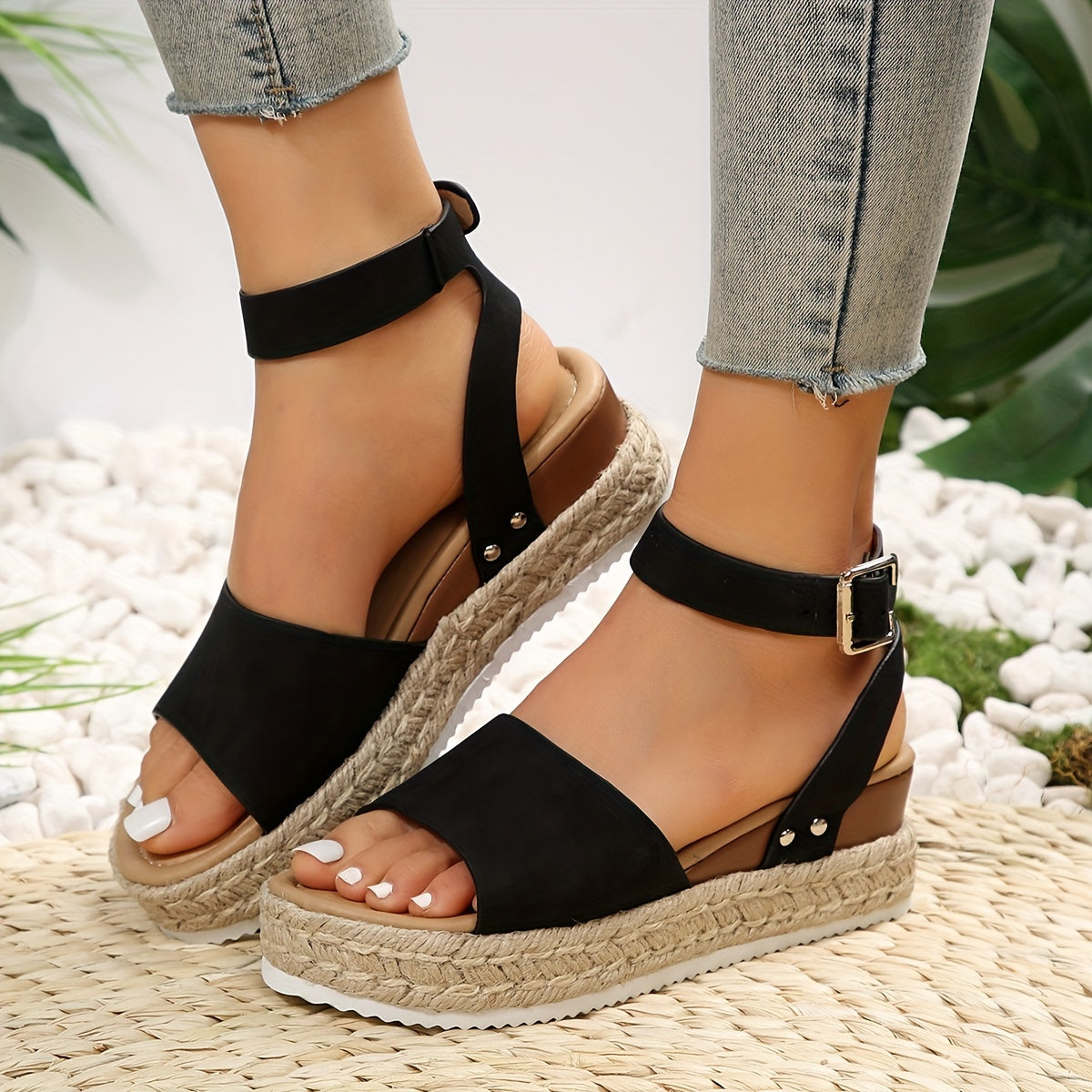 Peep Toe Platform Espadrille Sandals Ankle Strap Slingback Wedge Sandals