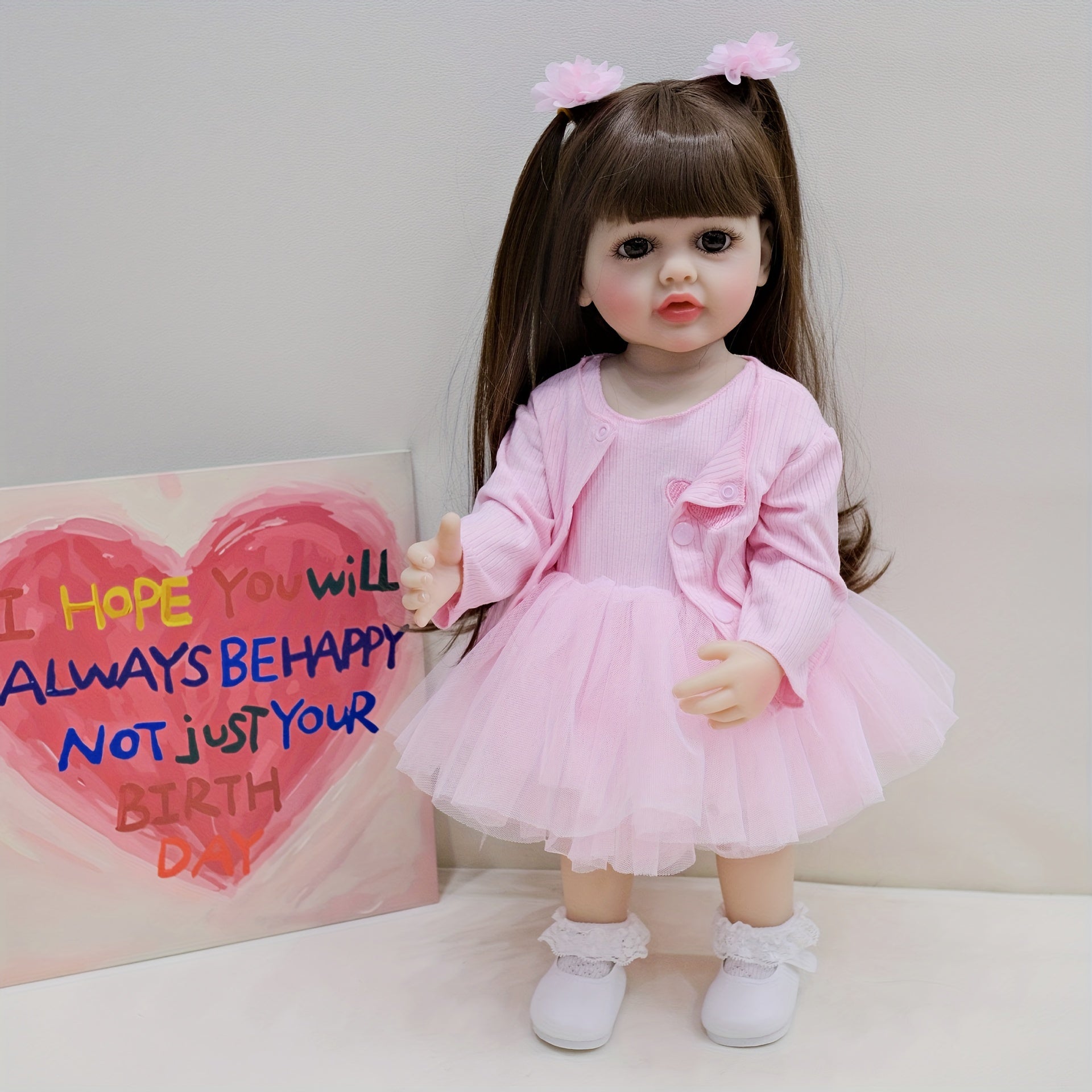Lovely Pink 22 Inch Realistic Vinyl Reborn Youngsters Doll with Long Hair Wig