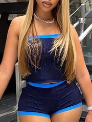 Colorblock Ribbed Tube Top & Shorts Set Women's Outfits
