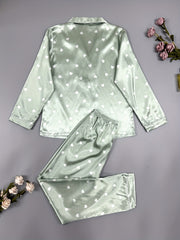 Heart Print Pajama Set Long Sleeve Buttons Top & Elastic Waistband Pants