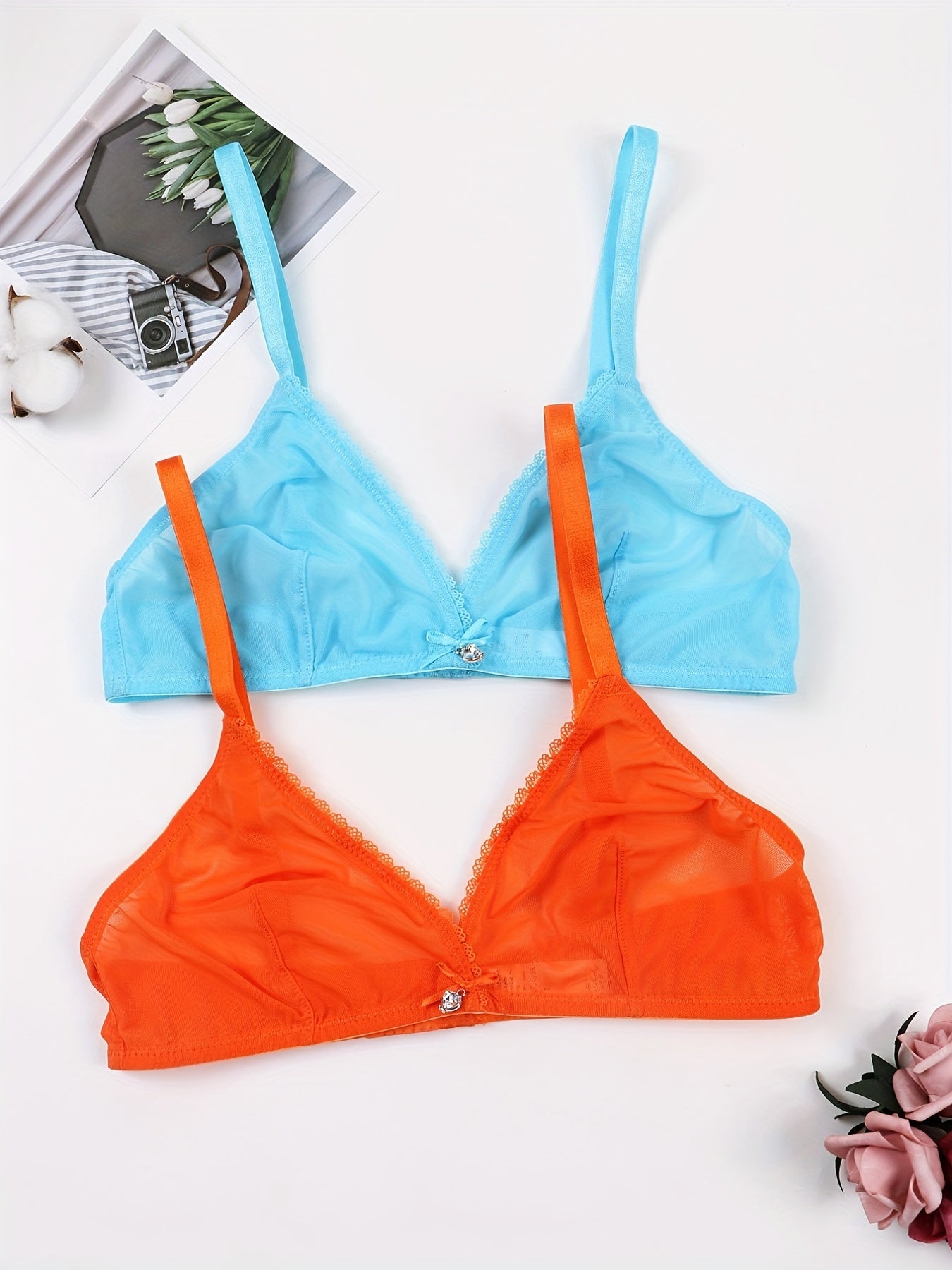 2pcs Mesh Unlined Bras Sheer Wireless Bra Women's Lingerie