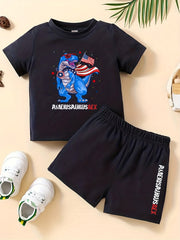 Boys Dinosaur T Shirt & Shorts Set Amerisaurus Rex Print Crew Neck Tee