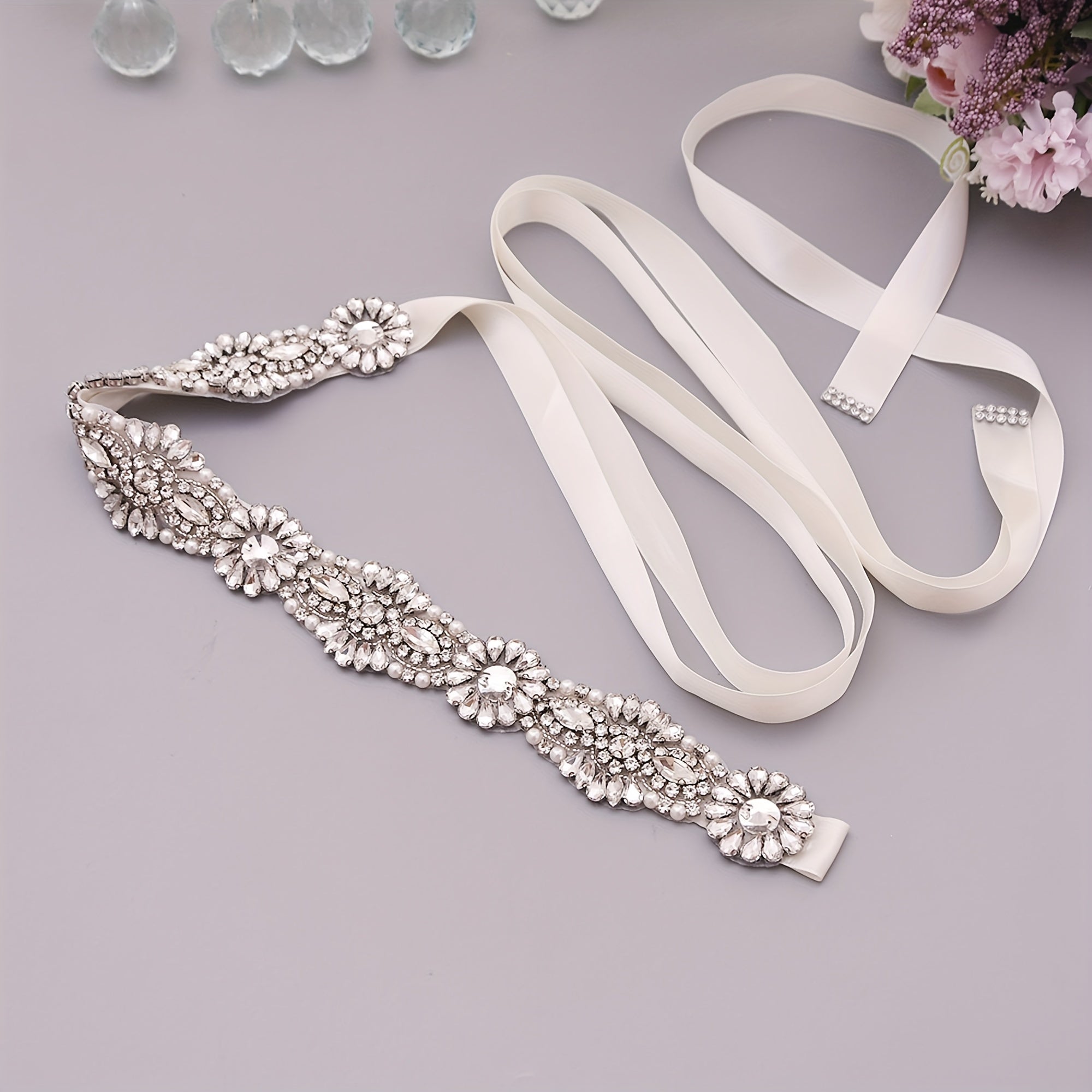 Beaded Flower Rhinestone Decor Waistband Sash Belt Bridal Accessory