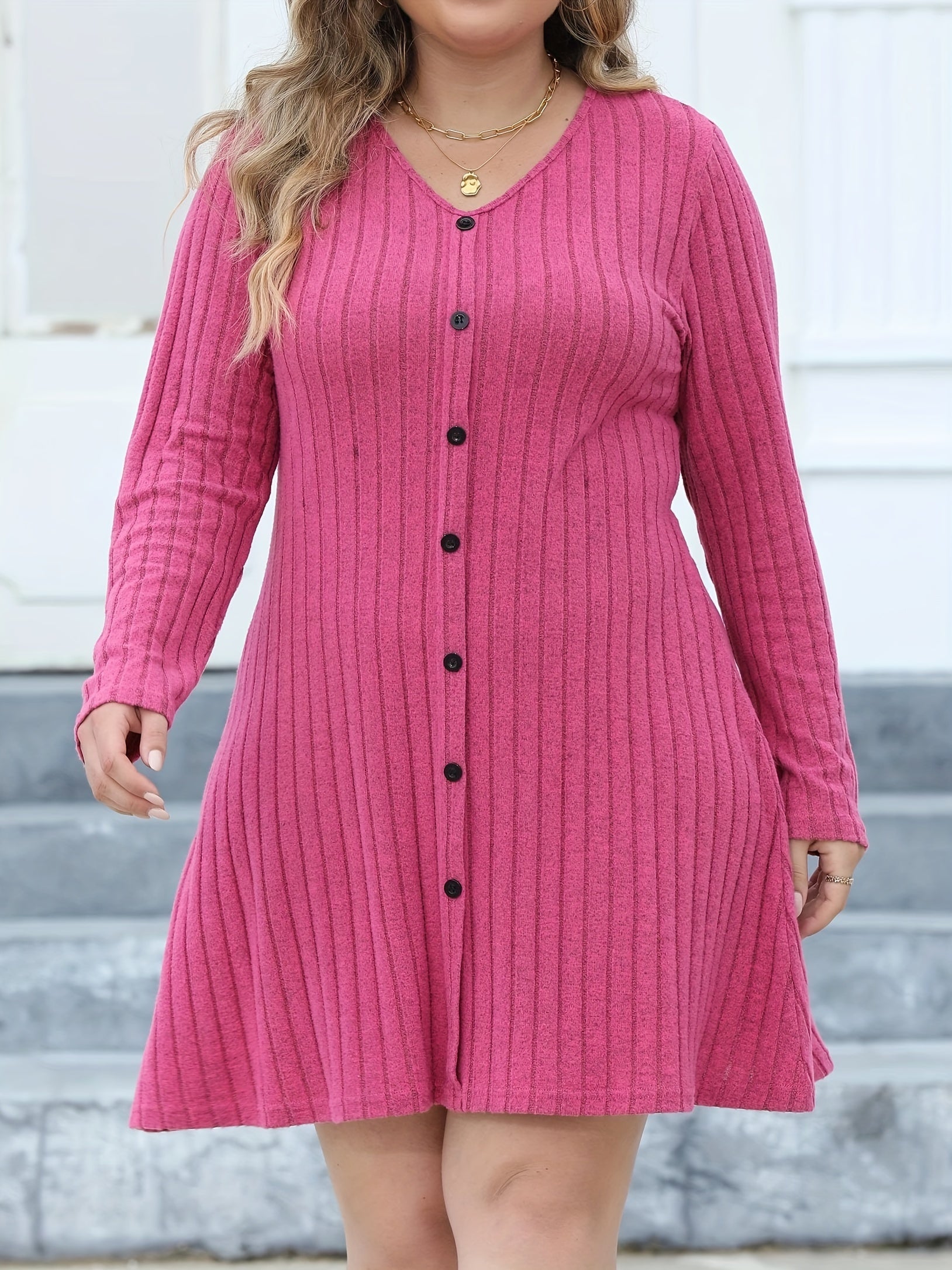 Ribbed Button Decor Long Sleeve V Neck Dress